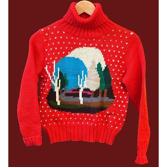 Vintage Hand Knit Red Intarsia Turtleneck Sweater Outdoor Scene Retro Ski Lodge - Picture 1 of 5